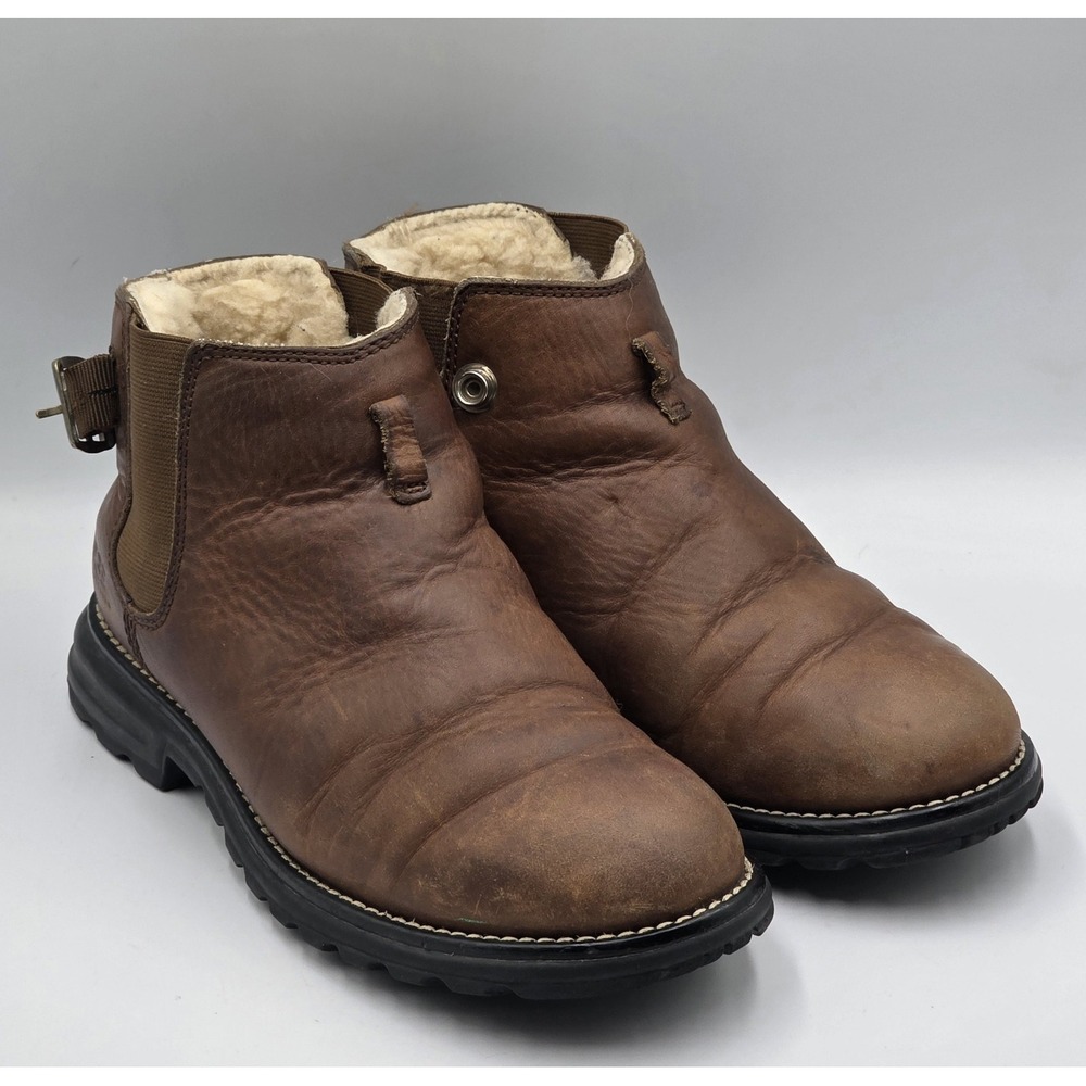 UGG Australia Merrick Brown Leather Shearling Lined Buckle Chelsea Boots Size 8